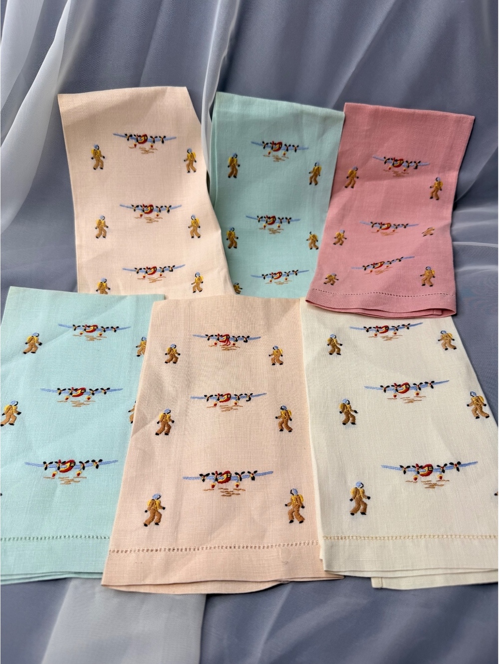 Hand Embroidered Airplane Pilot Napkins Set 6 Vintage Linen Cotton
